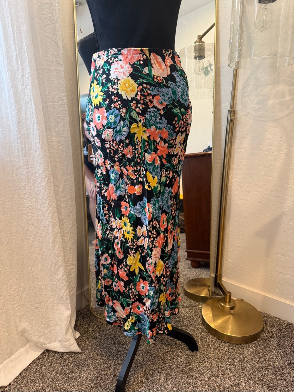 Anthropologie Maeve Black Floral satin Maxi Skirt with Coral & Yellow Blooms